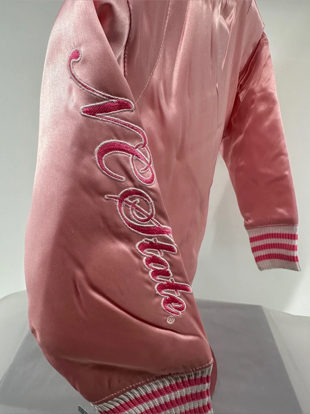NWT Adidas NC STATE pink satin letterman jacket
